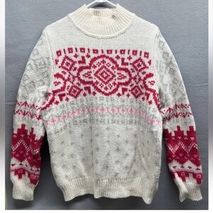 Gap Fair Isle Turtleneck Sweater Knit Chunky Alpaca Wool Pink Red White Size XL